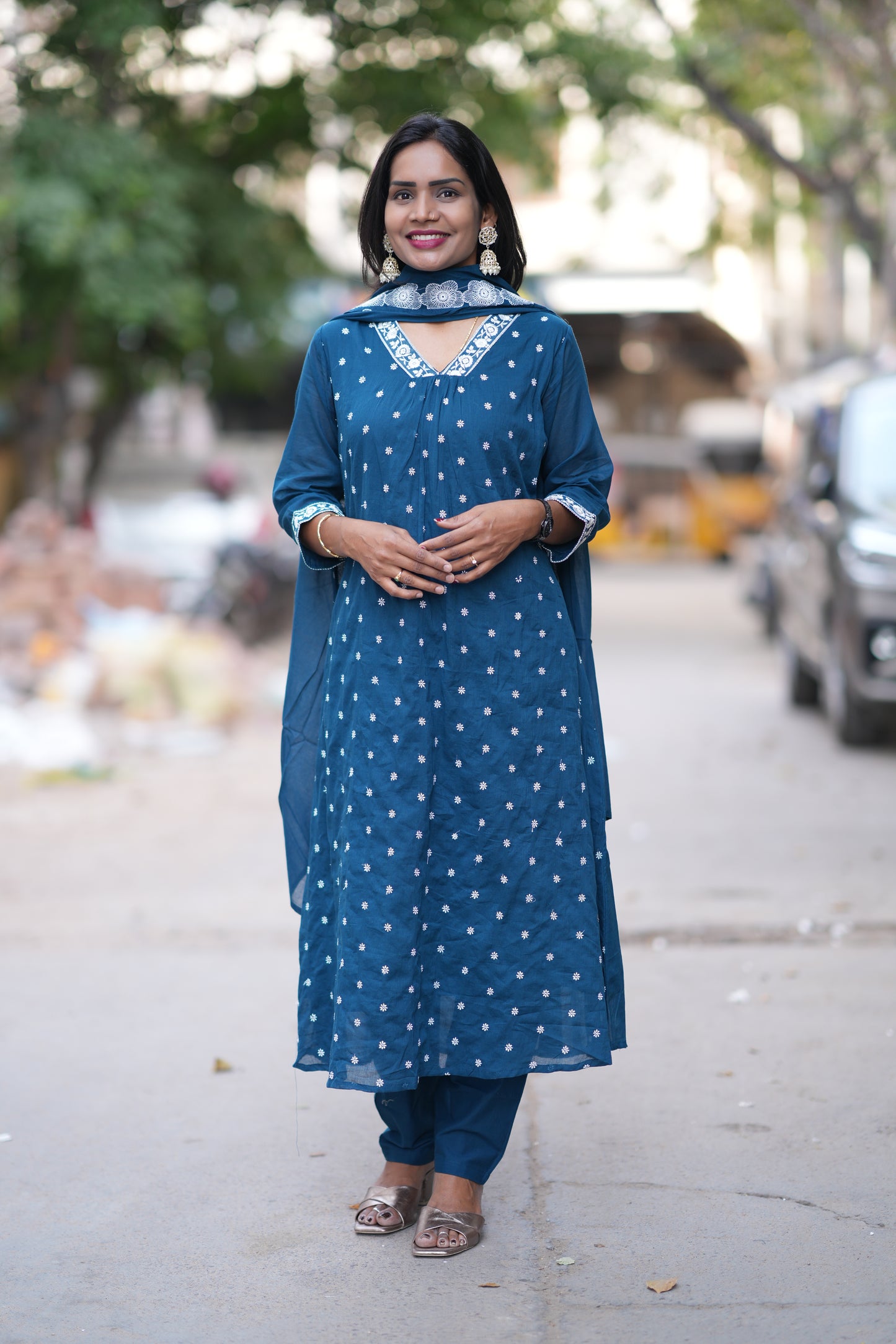 Peacock Blue Mul Cotton Designer 3 Piece Set With Complete Lining