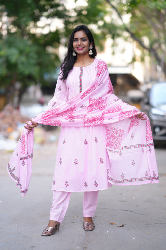 Pink Color Jaipur Cotton 3 Piece Set With Block Print and Complete Lining