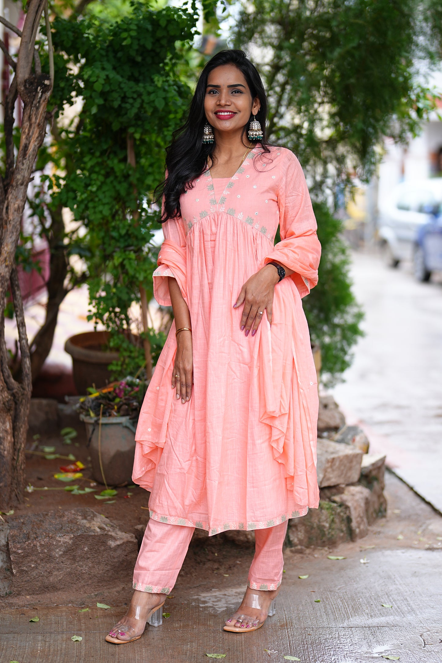 Peach Color Pure Slub Cotton With Lining 3 Piece Set