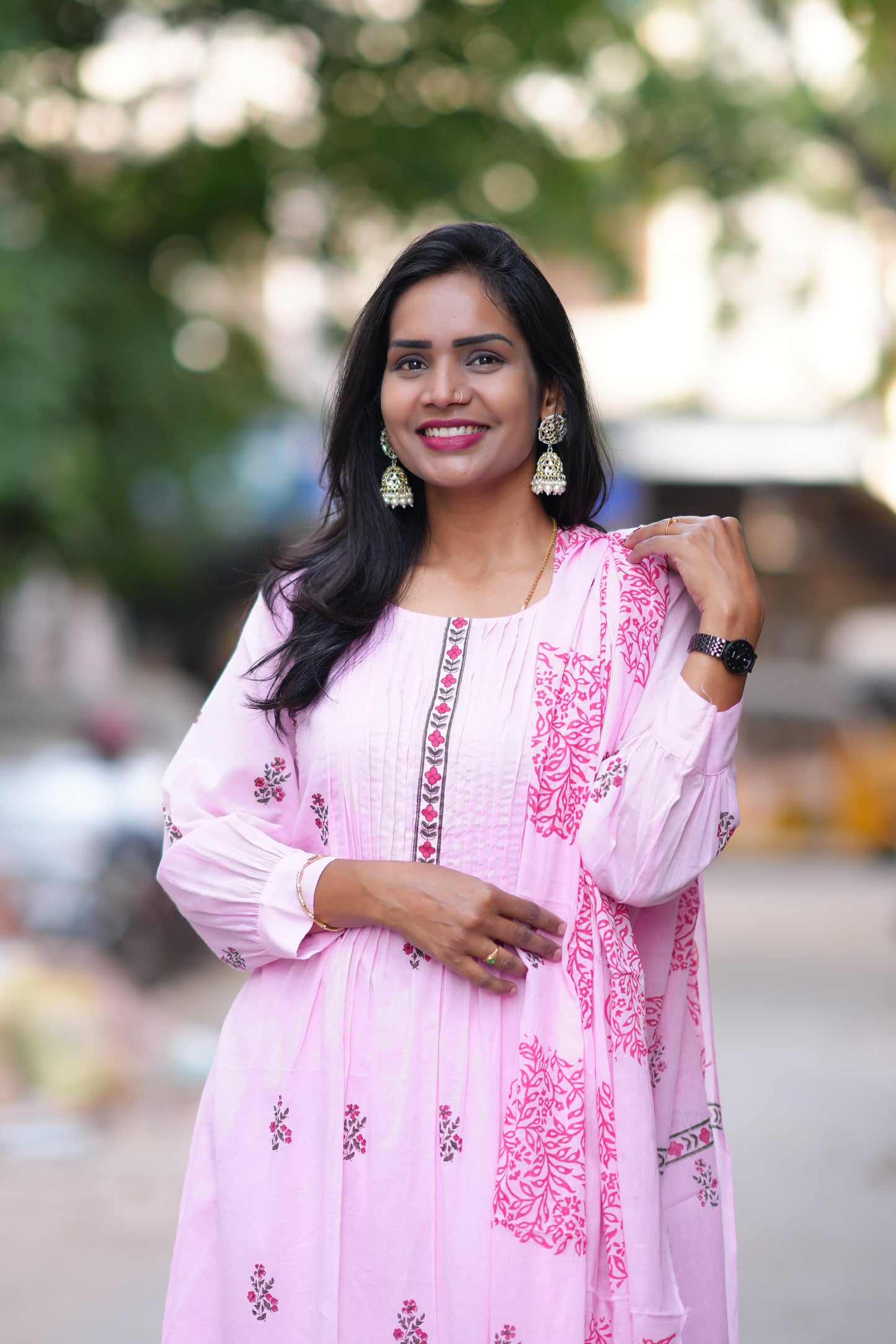 Pink Color Jaipur Cotton 3 Piece Set With Block Print and Complete Lining