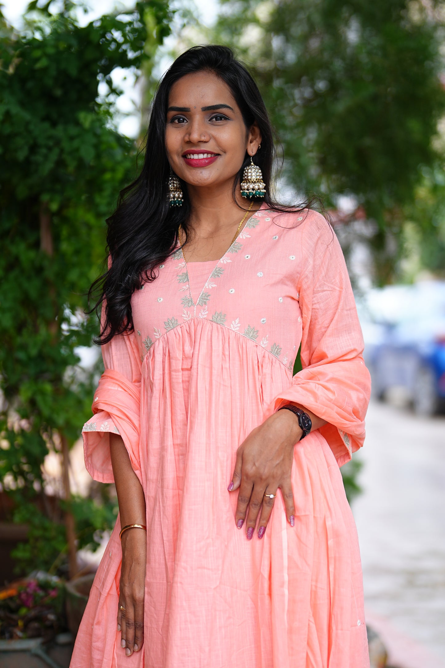 Peach Color Pure Slub Cotton With Lining 3 Piece Set