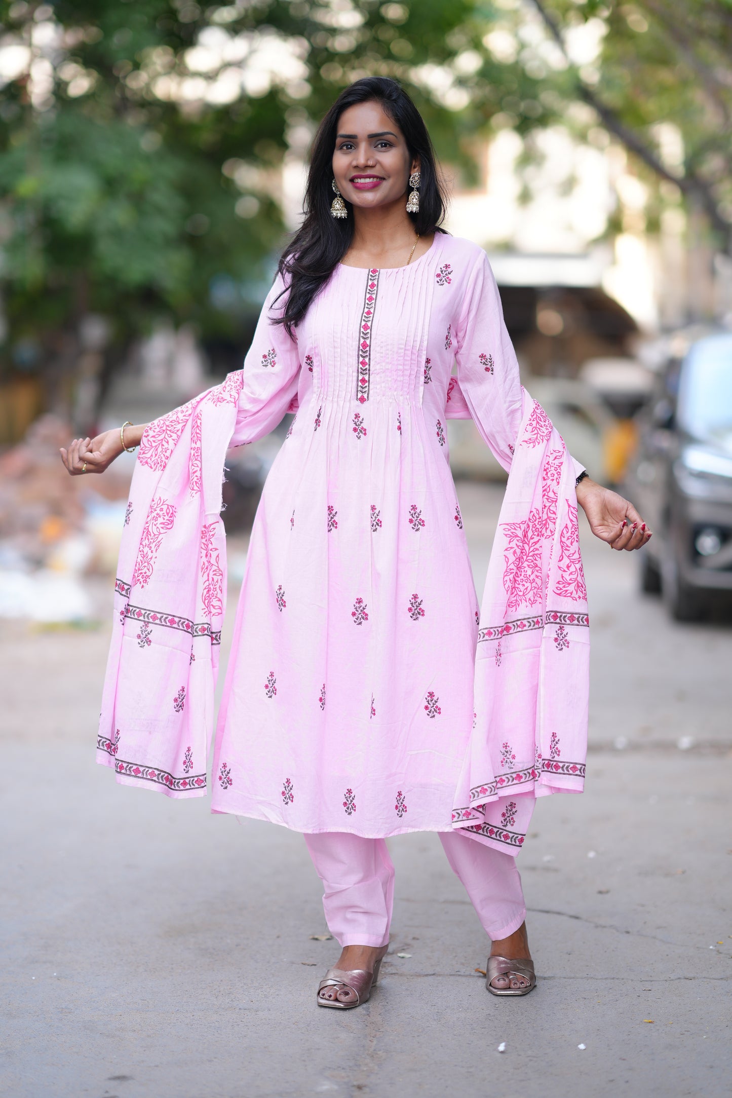 Pink Color Jaipur Cotton 3 Piece Set With Block Print and Complete Lining
