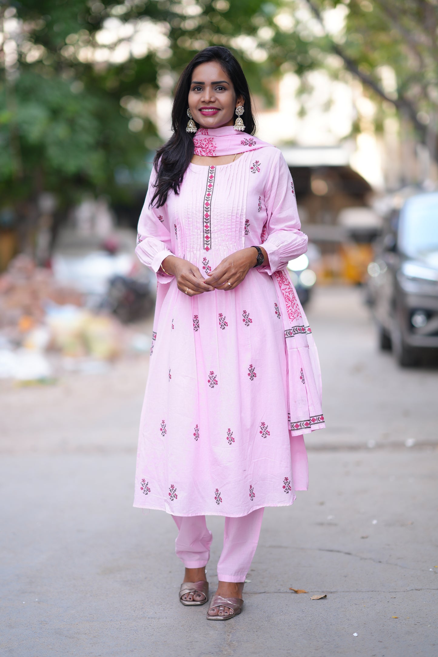 Pink Color Jaipur Cotton 3 Piece Set With Block Print and Complete Lining