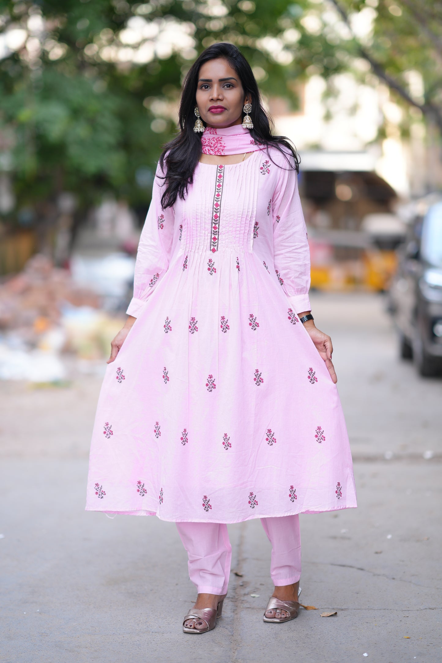 Pink Color Jaipur Cotton 3 Piece Set With Block Print and Complete Lining