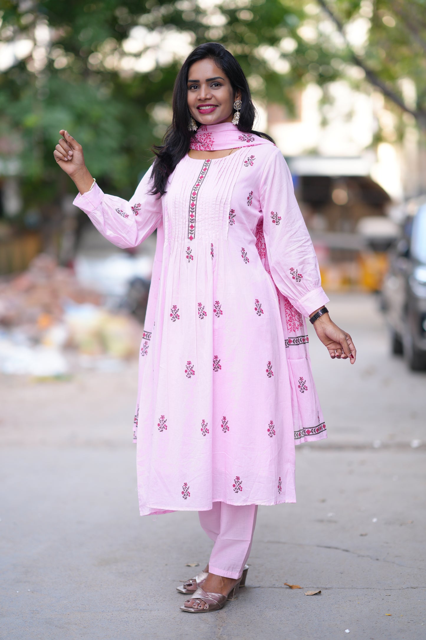 Pink Color Jaipur Cotton 3 Piece Set With Block Print and Complete Lining