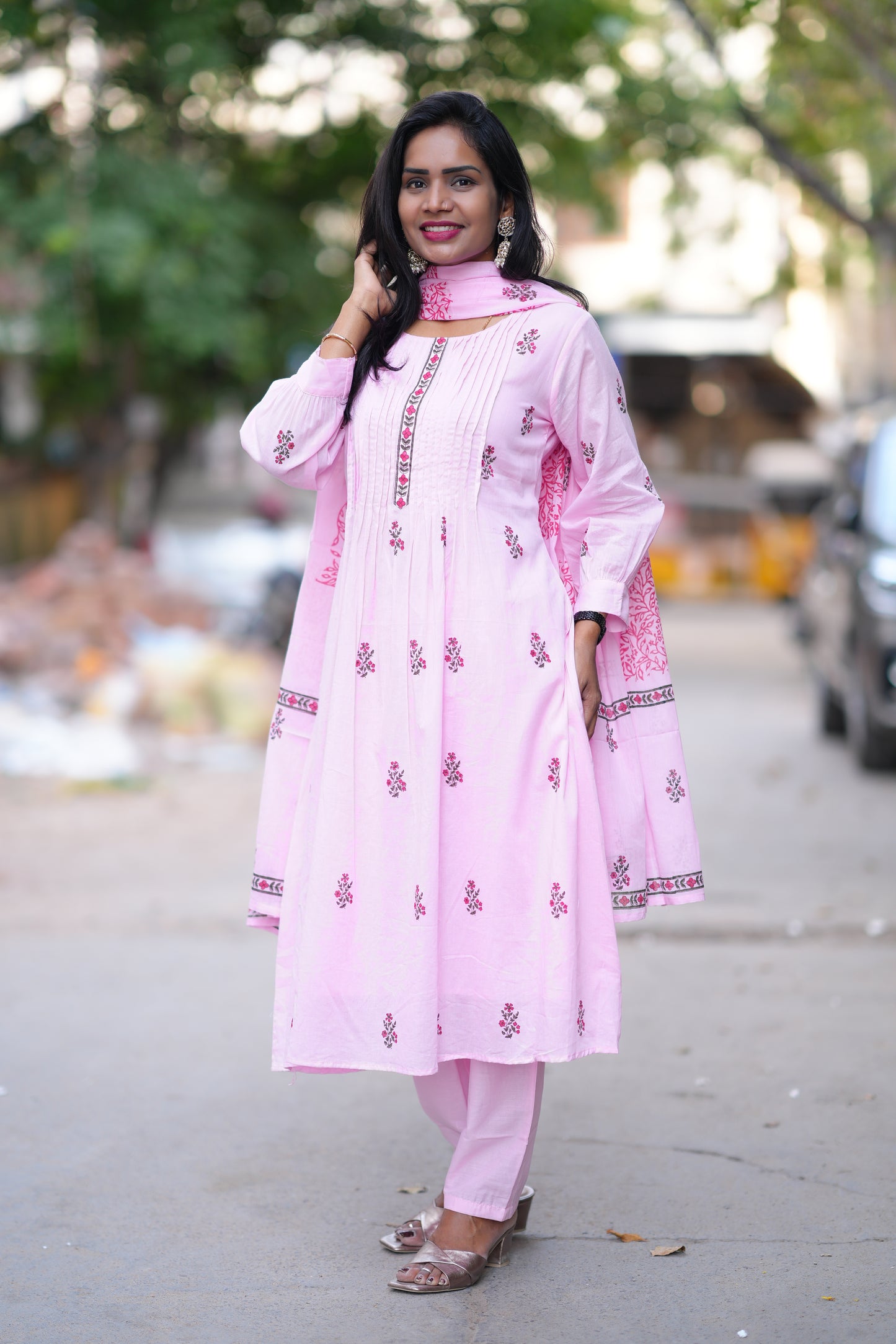 Pink Color Jaipur Cotton 3 Piece Set With Block Print and Complete Lining