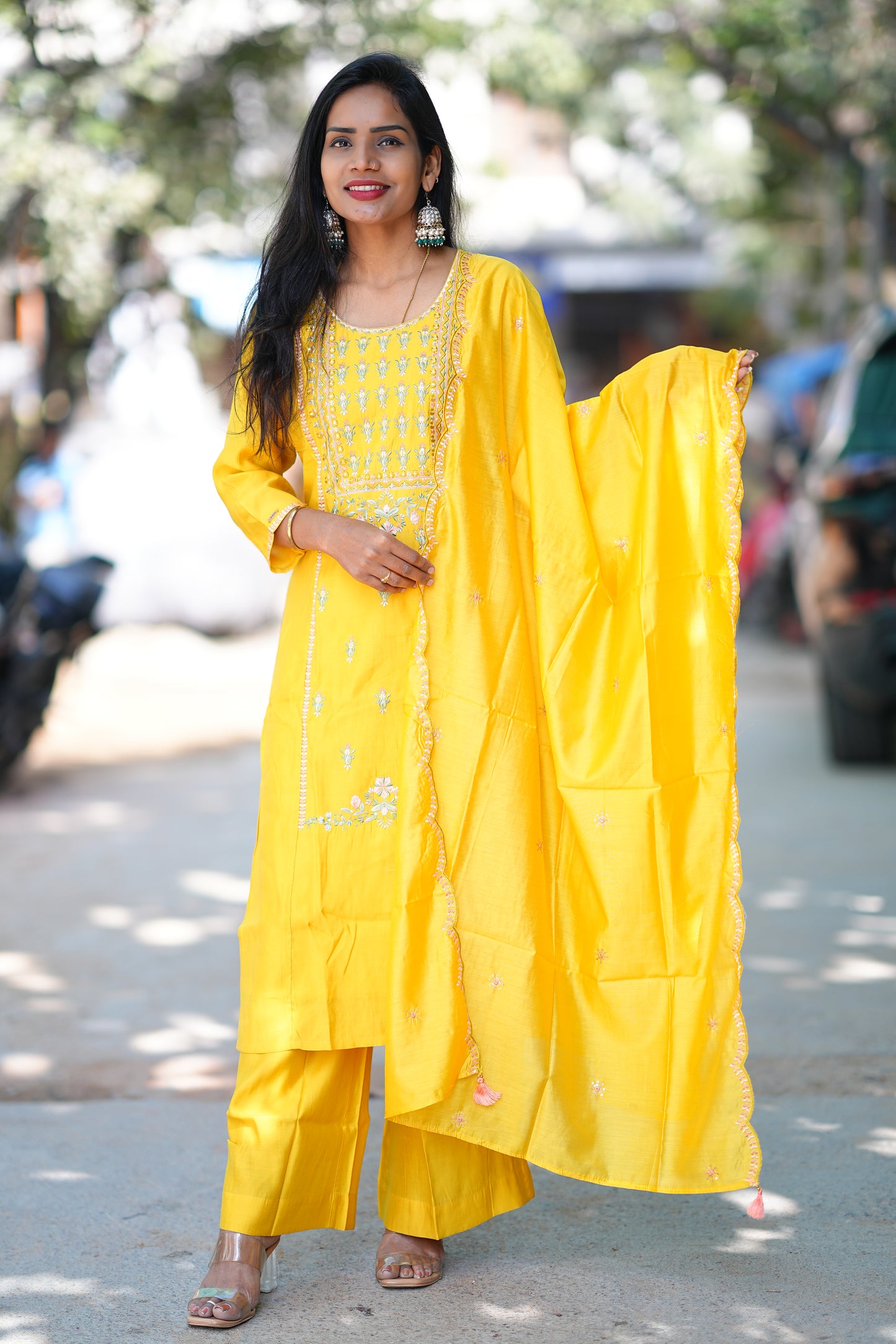 Yellow color Preimum Viscose Party Wear 3 Piece Set With Plazzo Pant