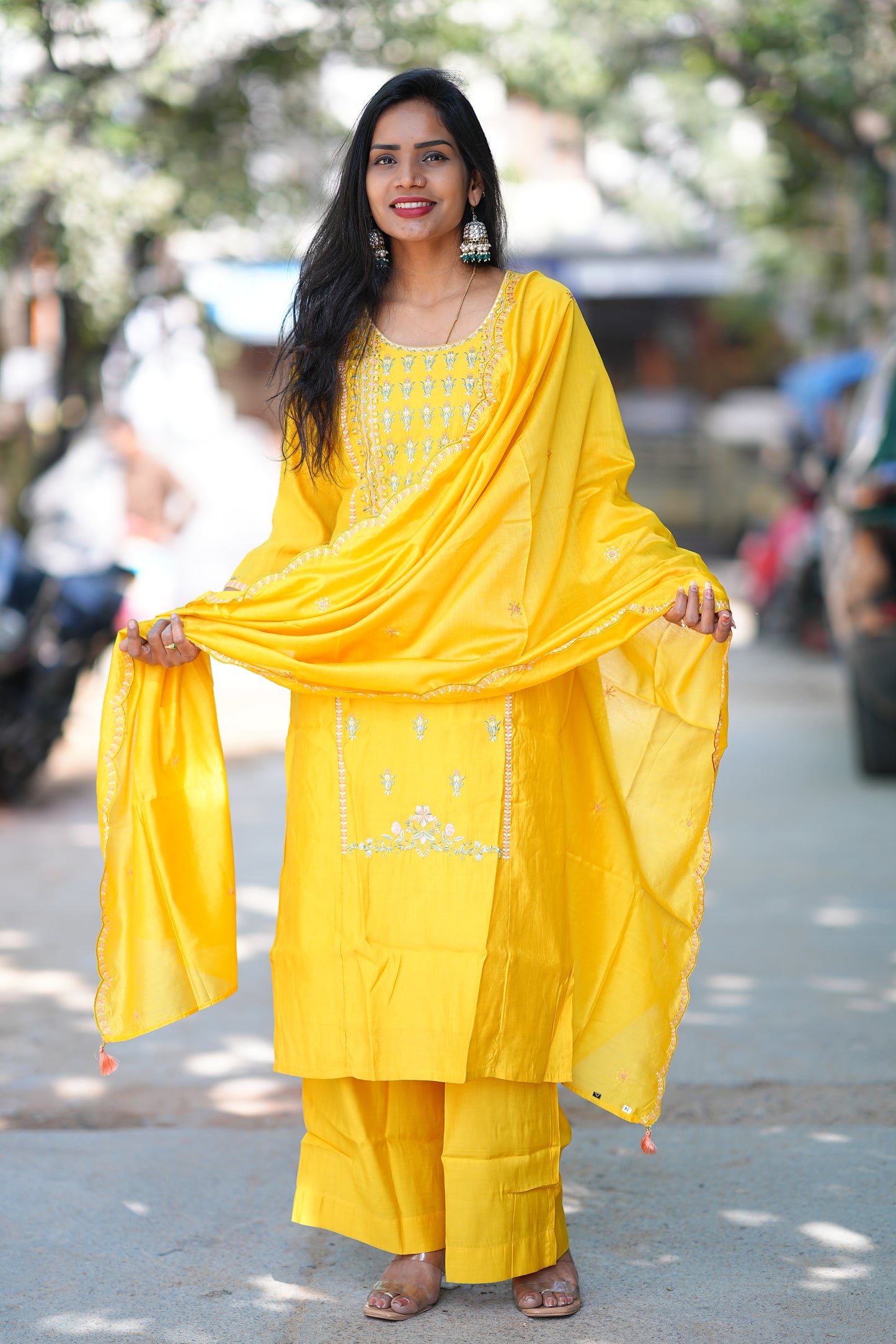 Yellow color Preimum Viscose Party Wear 3 Piece Set With Plazzo Pant