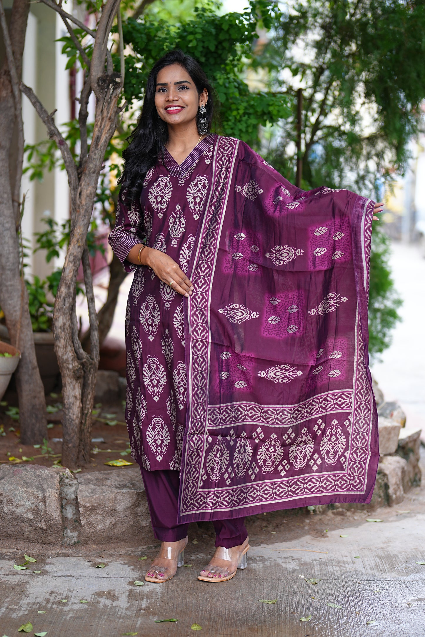 Wine Color Party Wear Modal Silk 3 Piece Set With Complete Lining