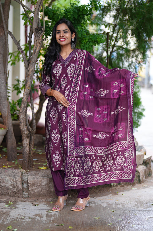 Wine Color Party Wear Modal Silk 3 Piece Set With Complete Lining