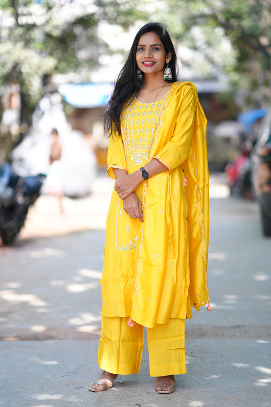 Yellow color Preimum Viscose Party Wear 3 Piece Set With Plazzo Pant