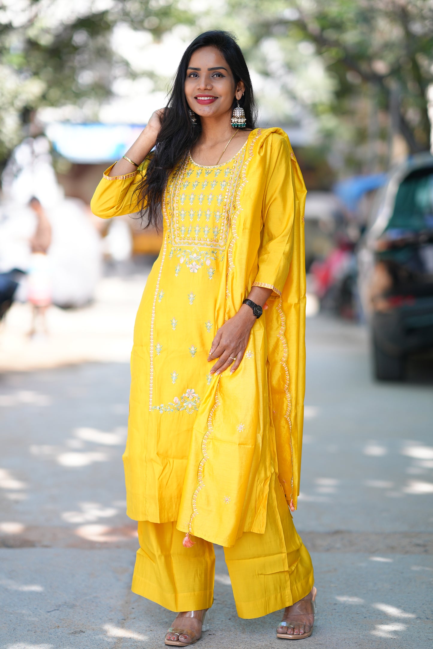 Yellow color Preimum Viscose Party Wear 3 Piece Set With Plazzo Pant