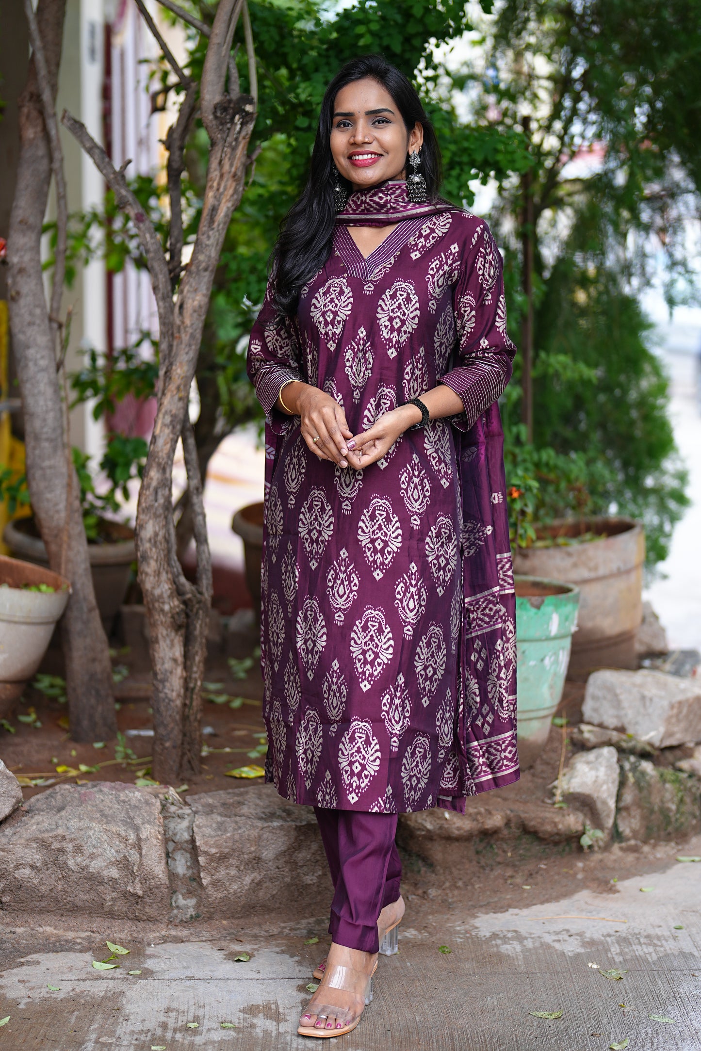 Wine Color Party Wear Modal Silk 3 Piece Set With Complete Lining