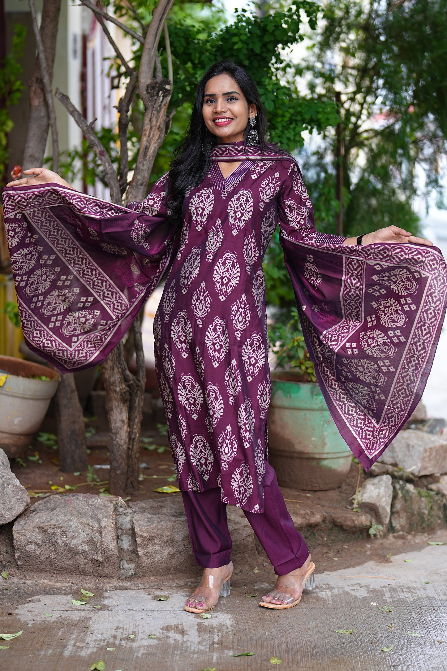 Wine Color Party Wear Modal Silk 3 Piece Set With Complete Lining