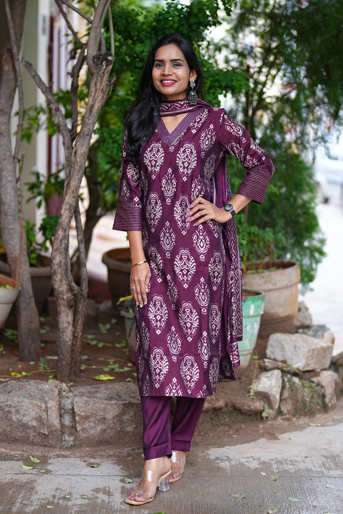Wine Color Party Wear Modal Silk 3 Piece Set With Complete Lining