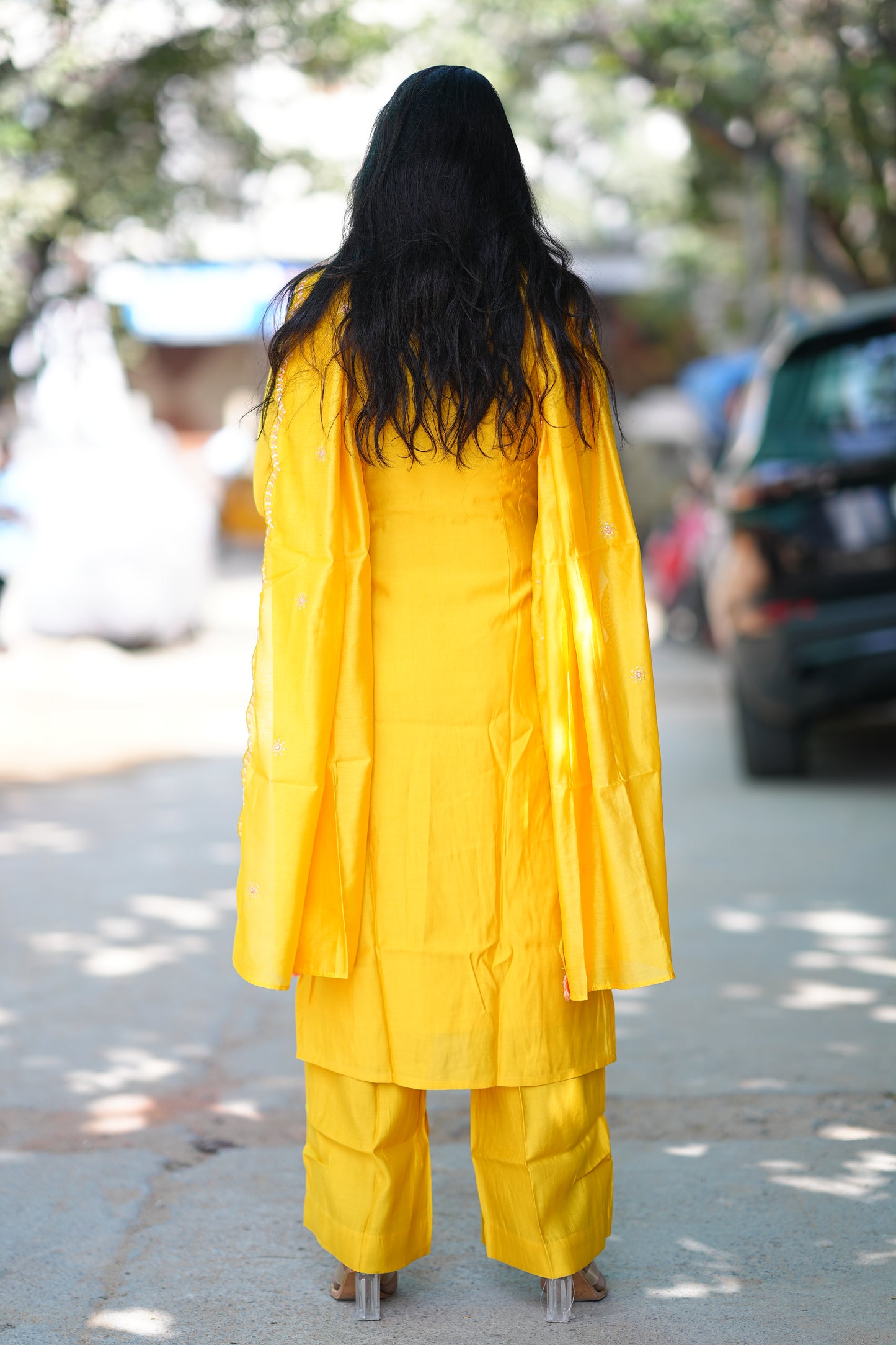 Yellow color Preimum Viscose Party Wear 3 Piece Set With Plazzo Pant