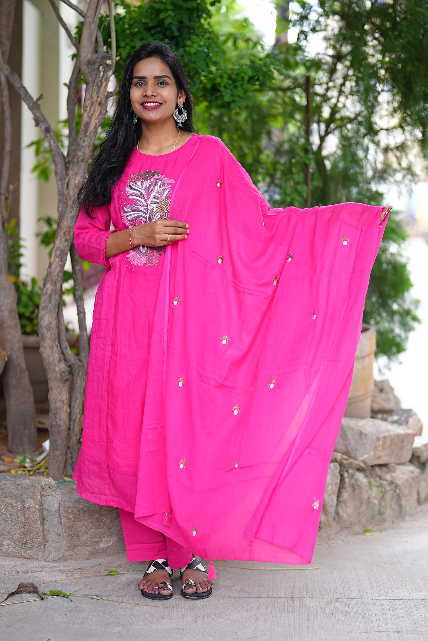 Rani Pink Color Pure Mul Cotton Embroidery Design 3 Piece Set With Complete Lining