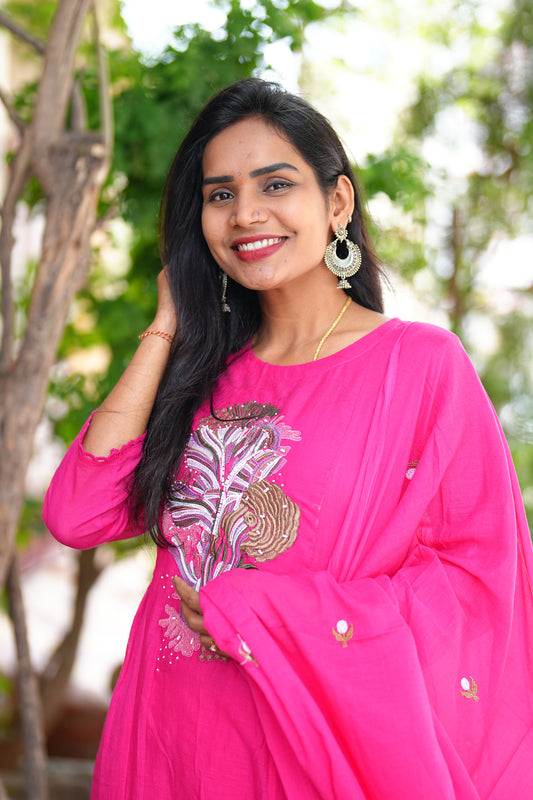 Rani Pink Color Pure Mul Cotton Embroidery Design 3 Piece Set With Complete Lining