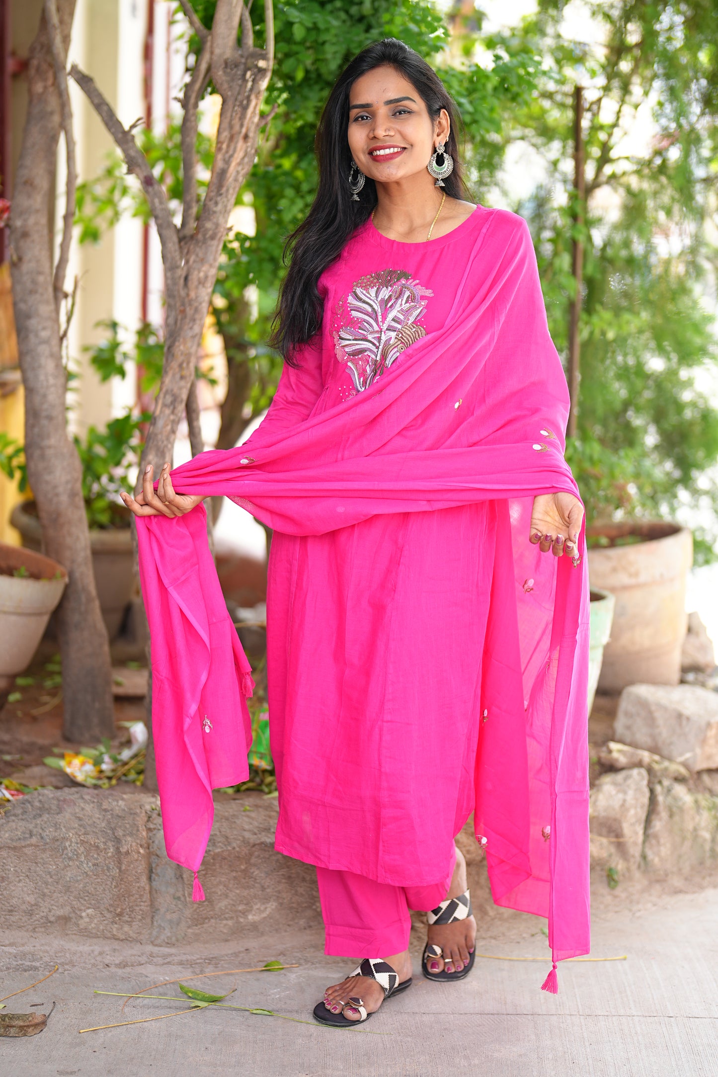 Rani Pink Color Pure Mul Cotton Embroidery Design 3 Piece Set With Complete Lining