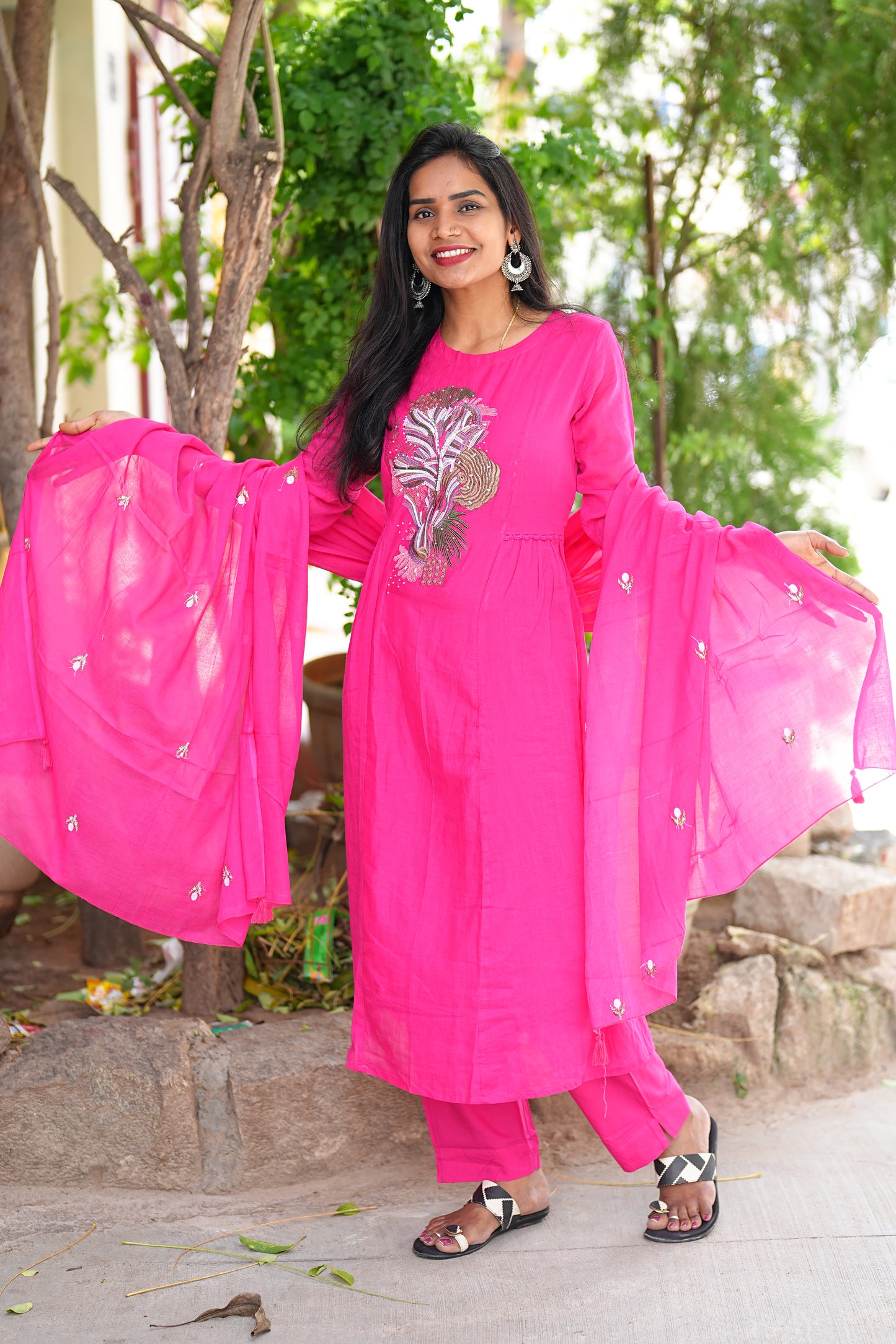 Rani Pink Color Pure Mul Cotton Embroidery Design 3 Piece Set With Complete Lining