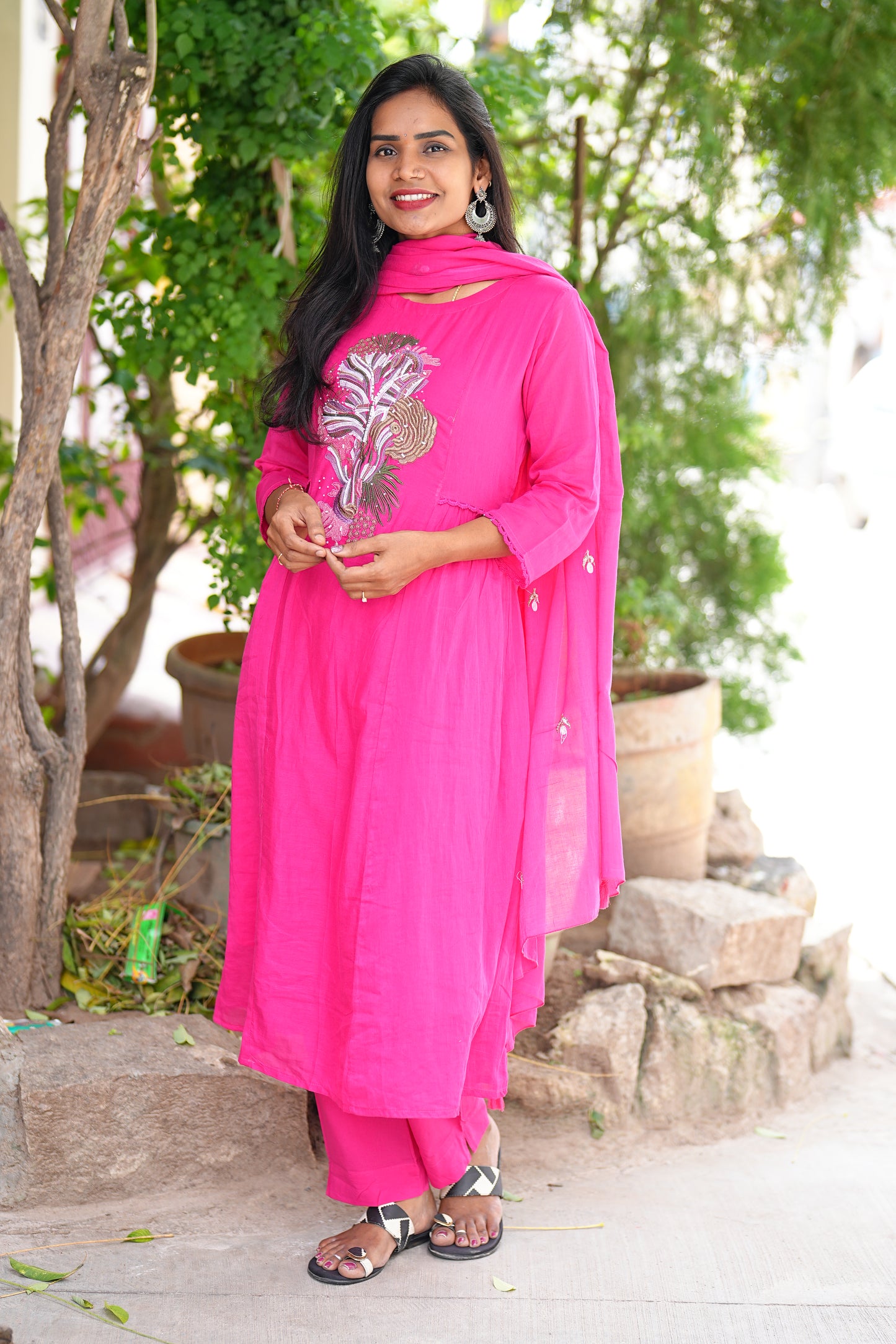 Rani Pink Color Pure Mul Cotton Embroidery Design 3 Piece Set With Complete Lining