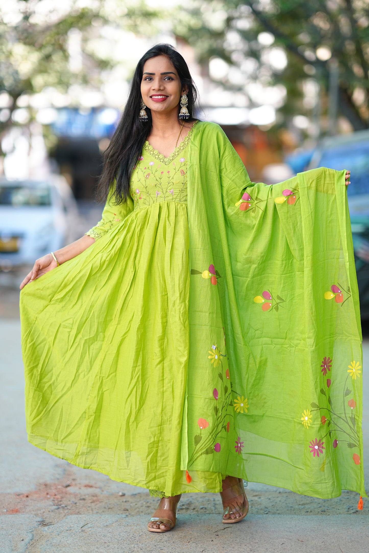 Parrot Green Colour Mul Cotton anarkali 3 Piece Set With Complete Lining