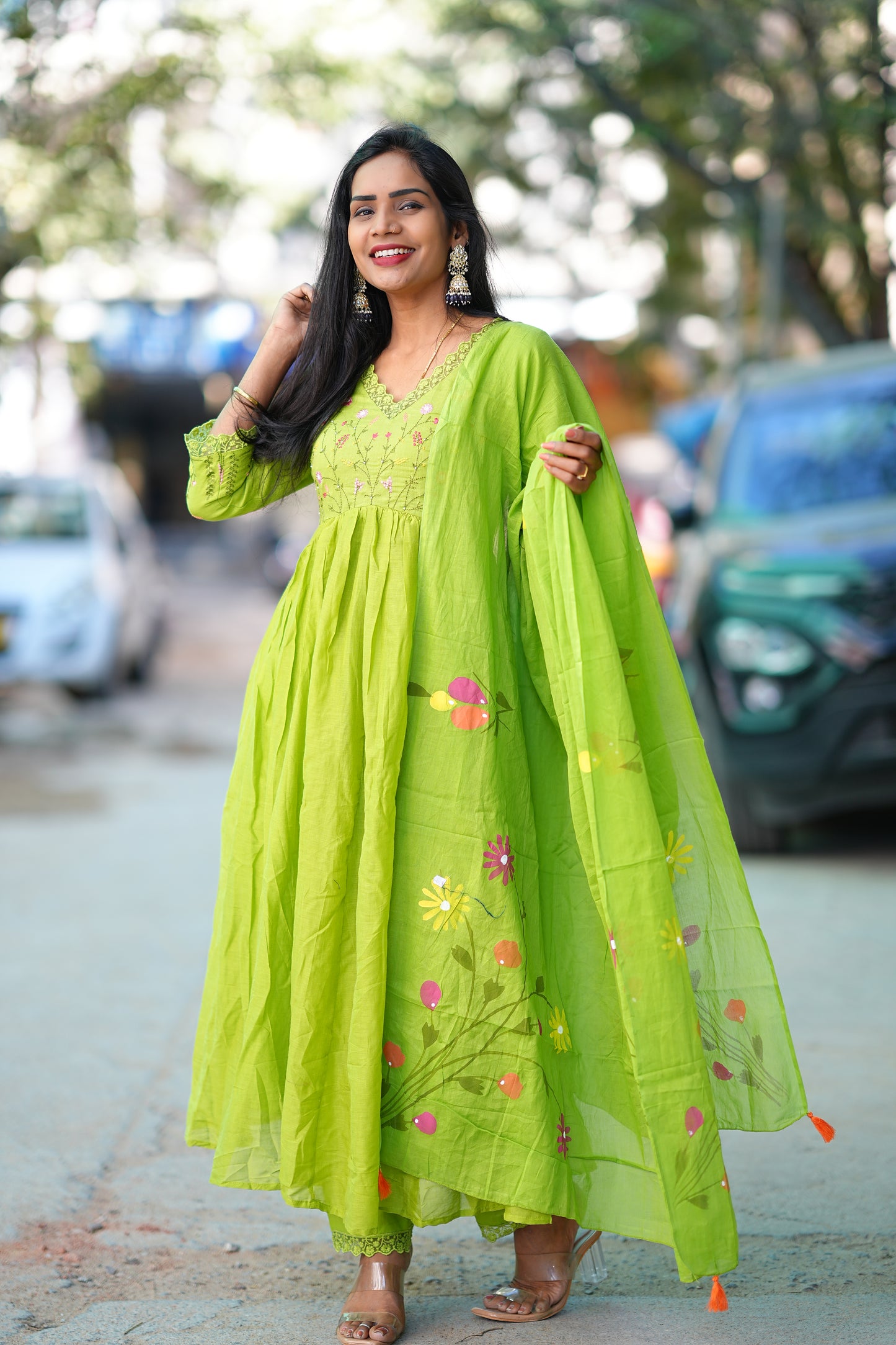 Parrot Green Colour Mul Cotton anarkali 3 Piece Set With Complete Lining