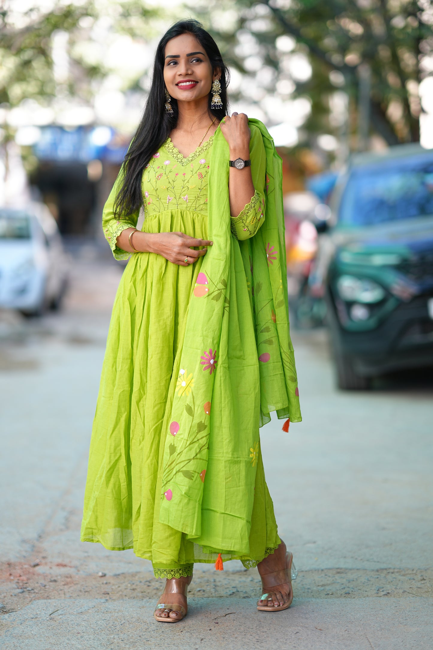 Green Color Mul Cotton 3 Piece Set with Embroidery Work and Complete Lining