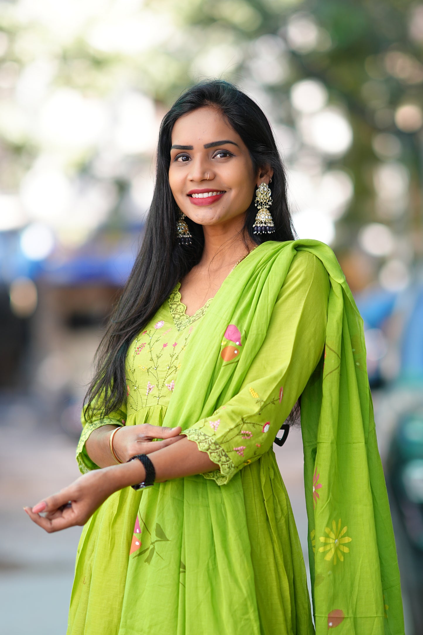 Parrot Green Colour Mul Cotton anarkali 3 Piece Set With Complete Lining