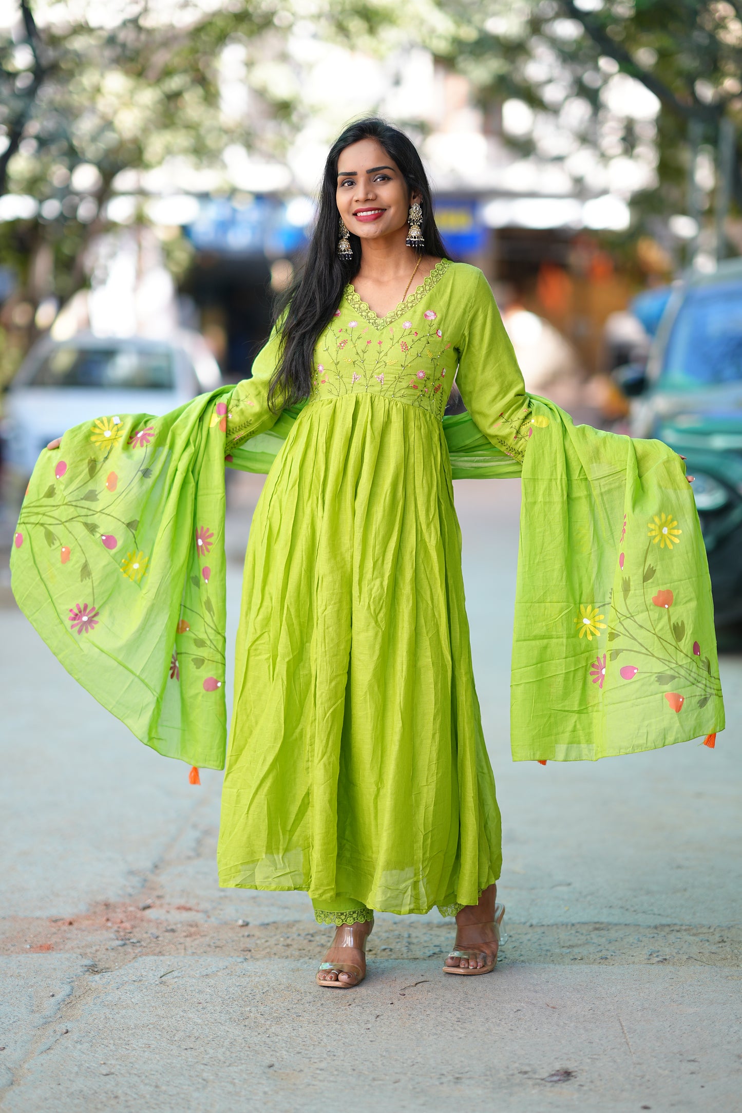 Parrot Green Colour Mul Cotton anarkali 3 Piece Set With Complete Lining