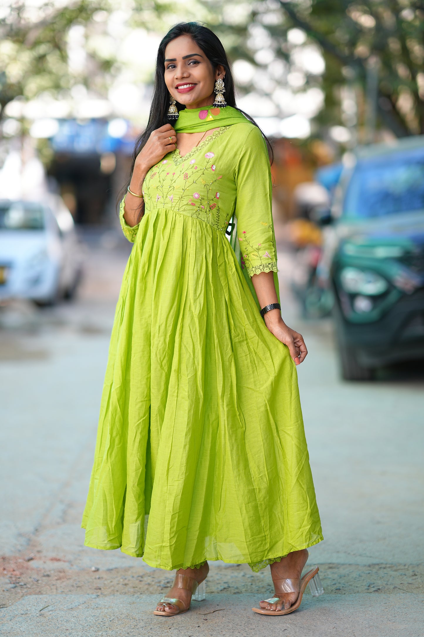 Green Color Mul Cotton 3 Piece Set with Embroidery Work and Complete Lining