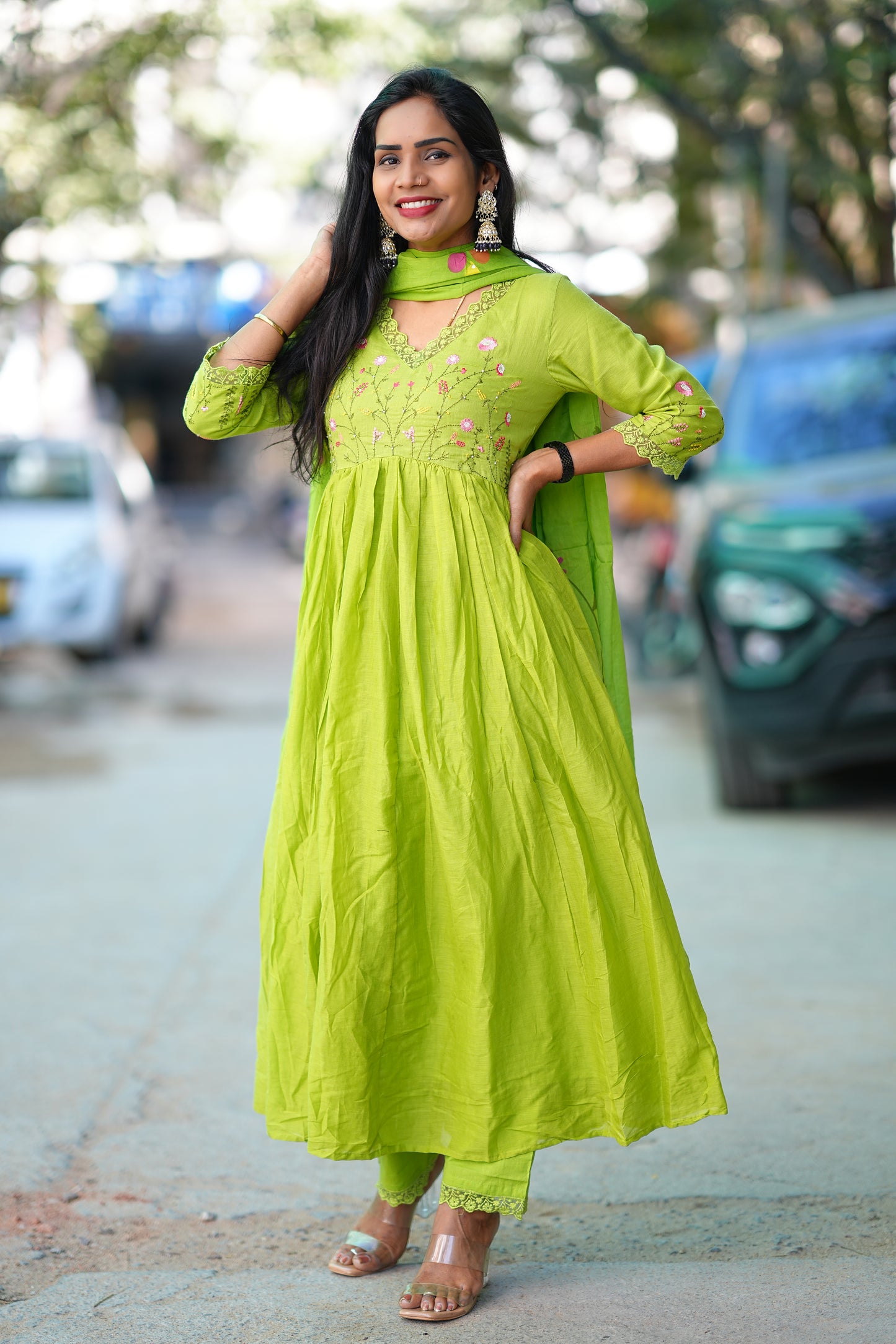 Green Color Mul Cotton 3 Piece Set with Embroidery Work and Complete Lining