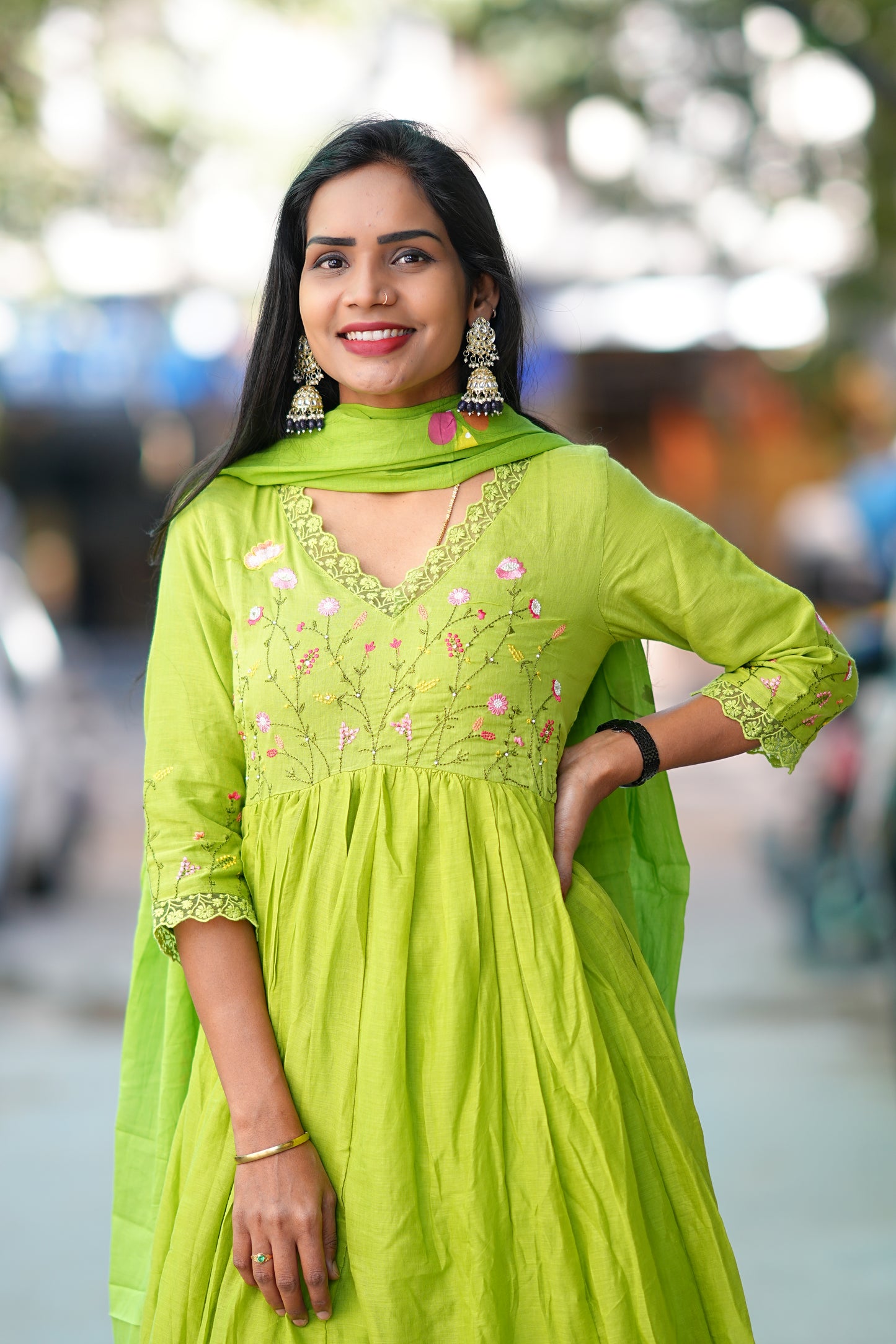 Parrot Green Colour Mul Cotton anarkali 3 Piece Set With Complete Lining