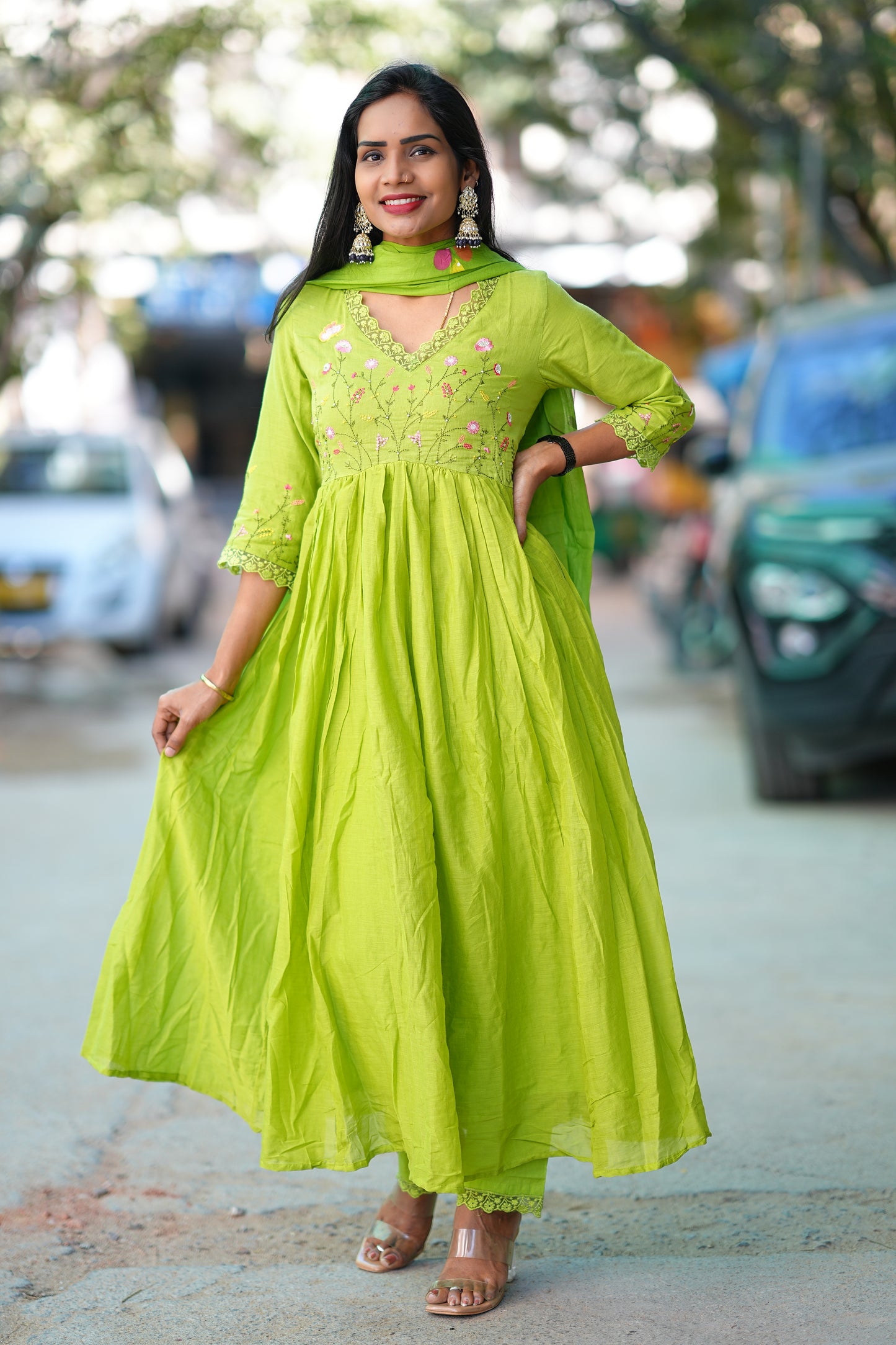 Green Color Mul Cotton 3 Piece Set with Embroidery Work and Complete Lining