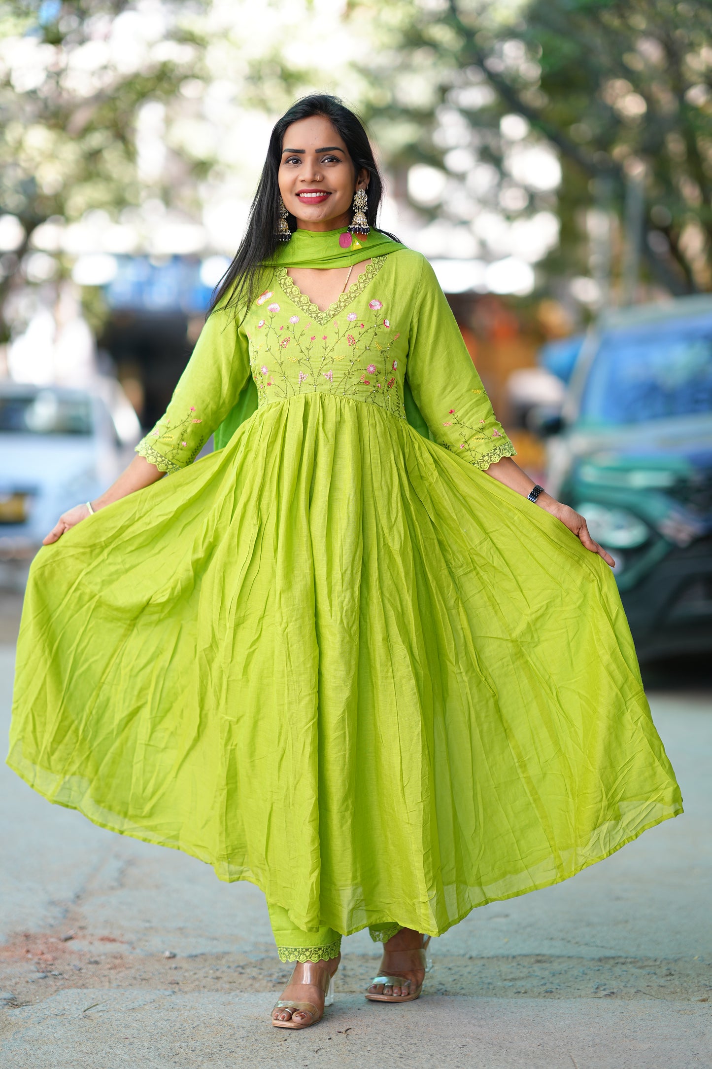 Parrot Green Colour Mul Cotton anarkali 3 Piece Set With Complete Lining