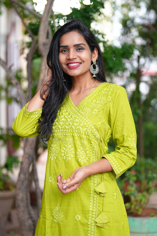Green Color Lucknowkari Work Cotton Cord Set