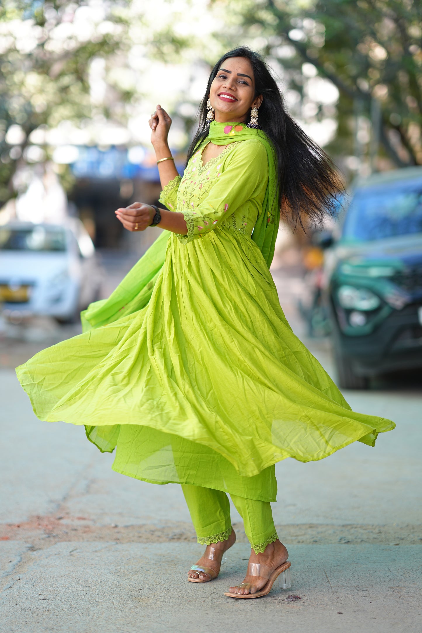 Parrot Green Colour Mul Cotton anarkali 3 Piece Set With Complete Lining