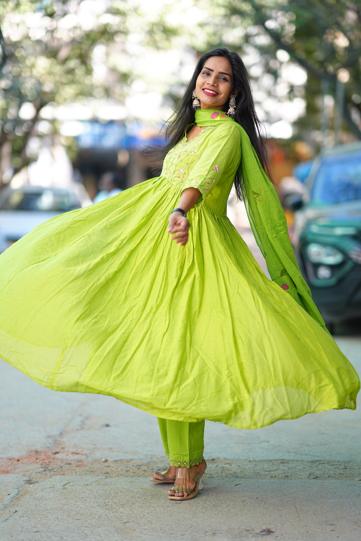 Parrot Green Colour Mul Cotton anarkali 3 Piece Set With Complete Lining