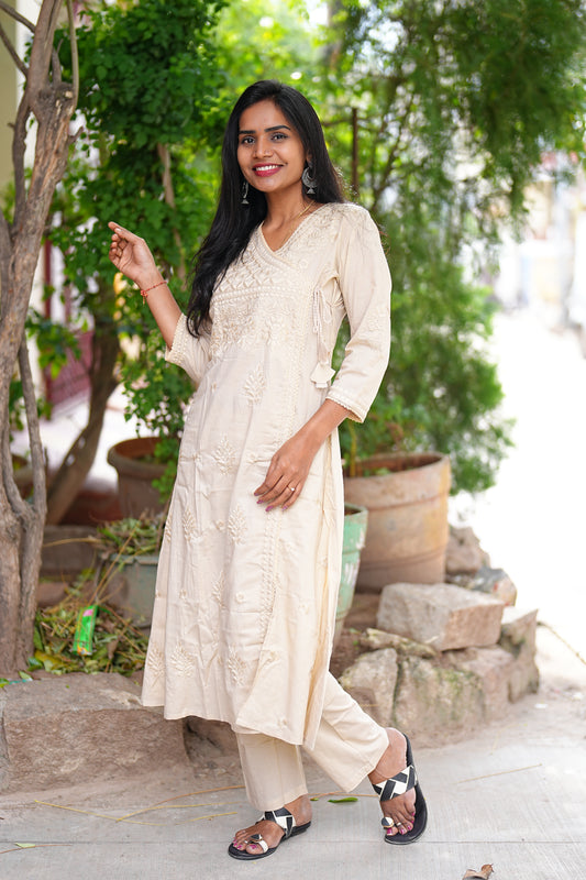 Beige Color Lucknowkari Work Cotton Cord Set