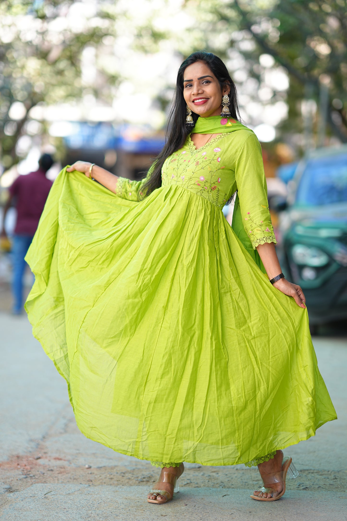 Parrot Green Colour Mul Cotton anarkali 3 Piece Set With Complete Lining