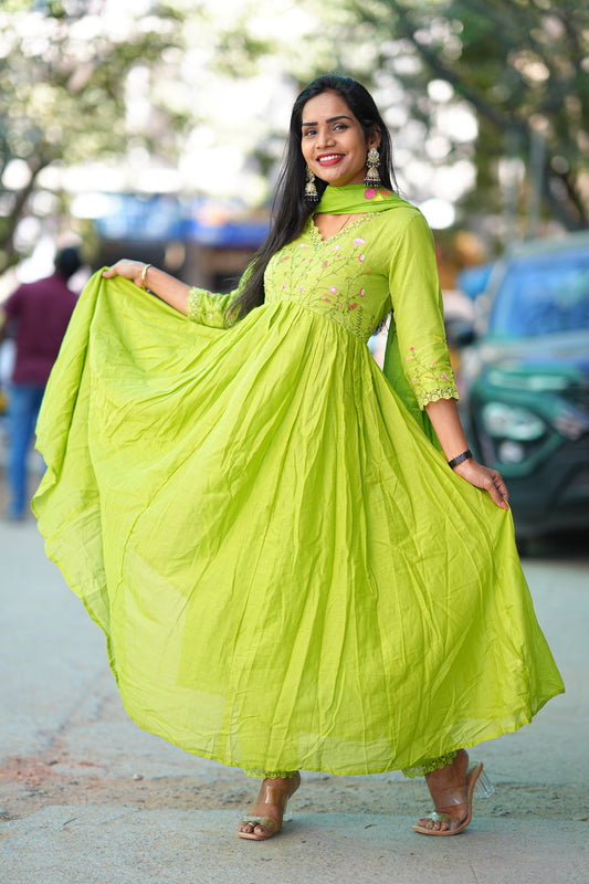 Parrot Green Colour Mul Cotton anarkali 3 Piece Set With Complete Lining
