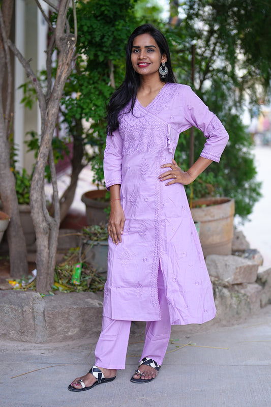 Purple Color Lucknowkari Work Cotton Cord Set
