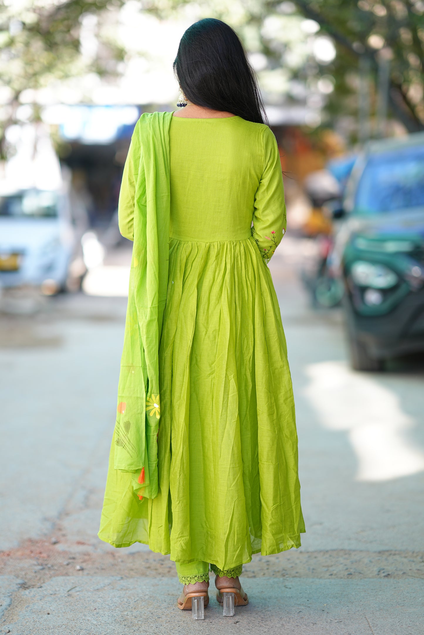 Parrot Green Colour Mul Cotton anarkali 3 Piece Set With Complete Lining