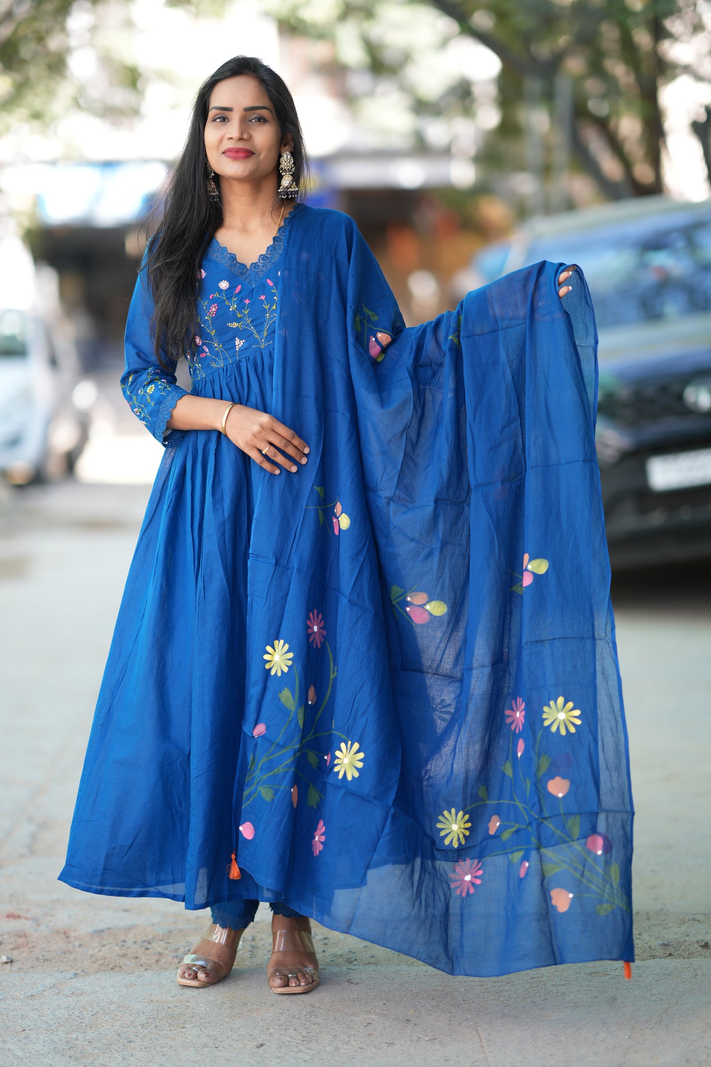 Blue Colour Mul Cotton anarkali 3 Piece Set With Complete Lining