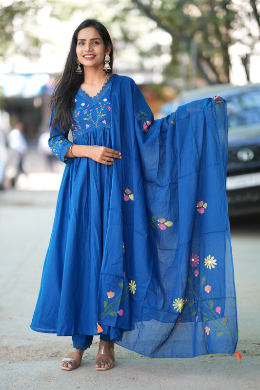 Blue Colour Mul Cotton anarkali 3 Piece Set With Complete Lining
