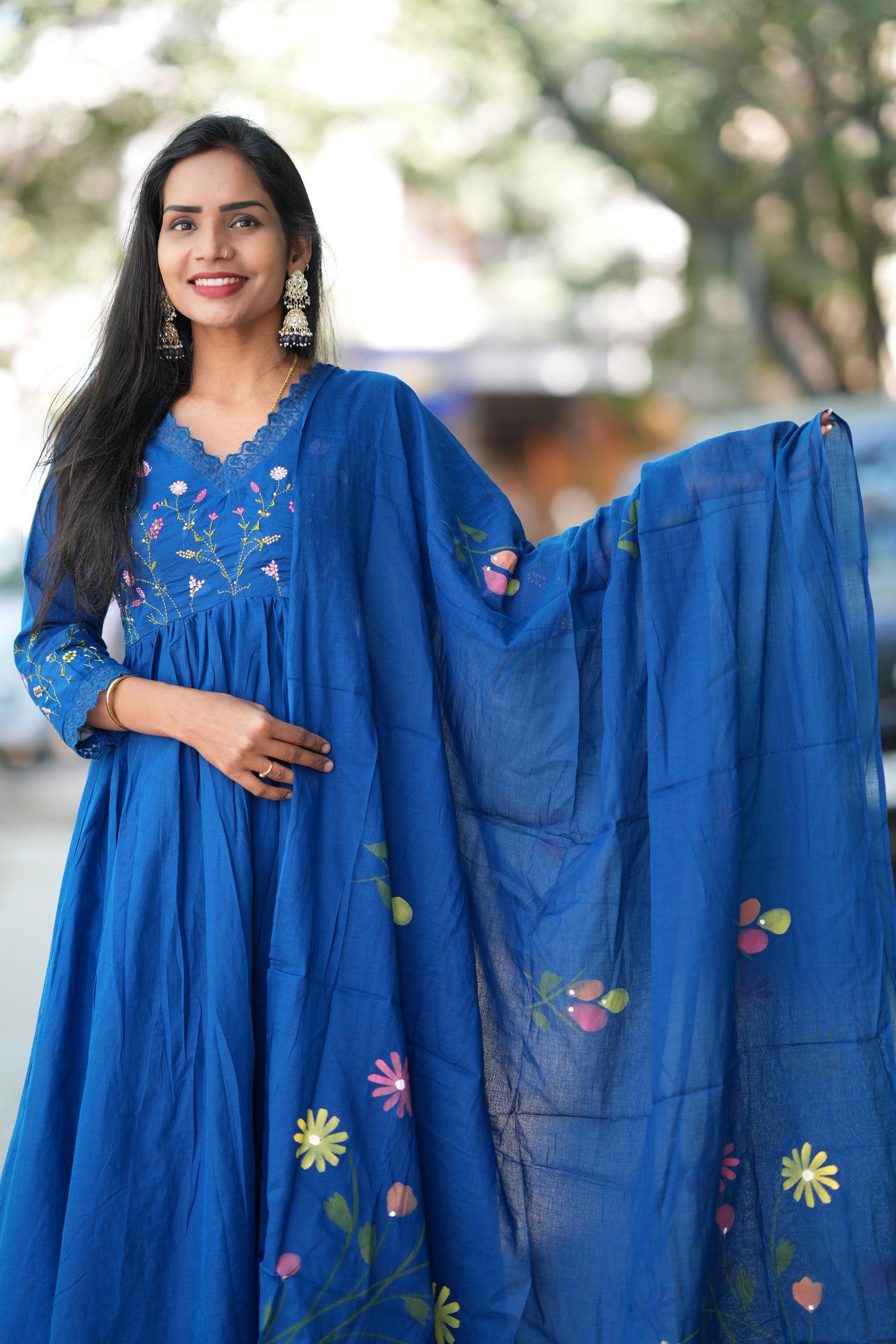Blue Colour Mul Cotton anarkali 3 Piece Set With Complete Lining