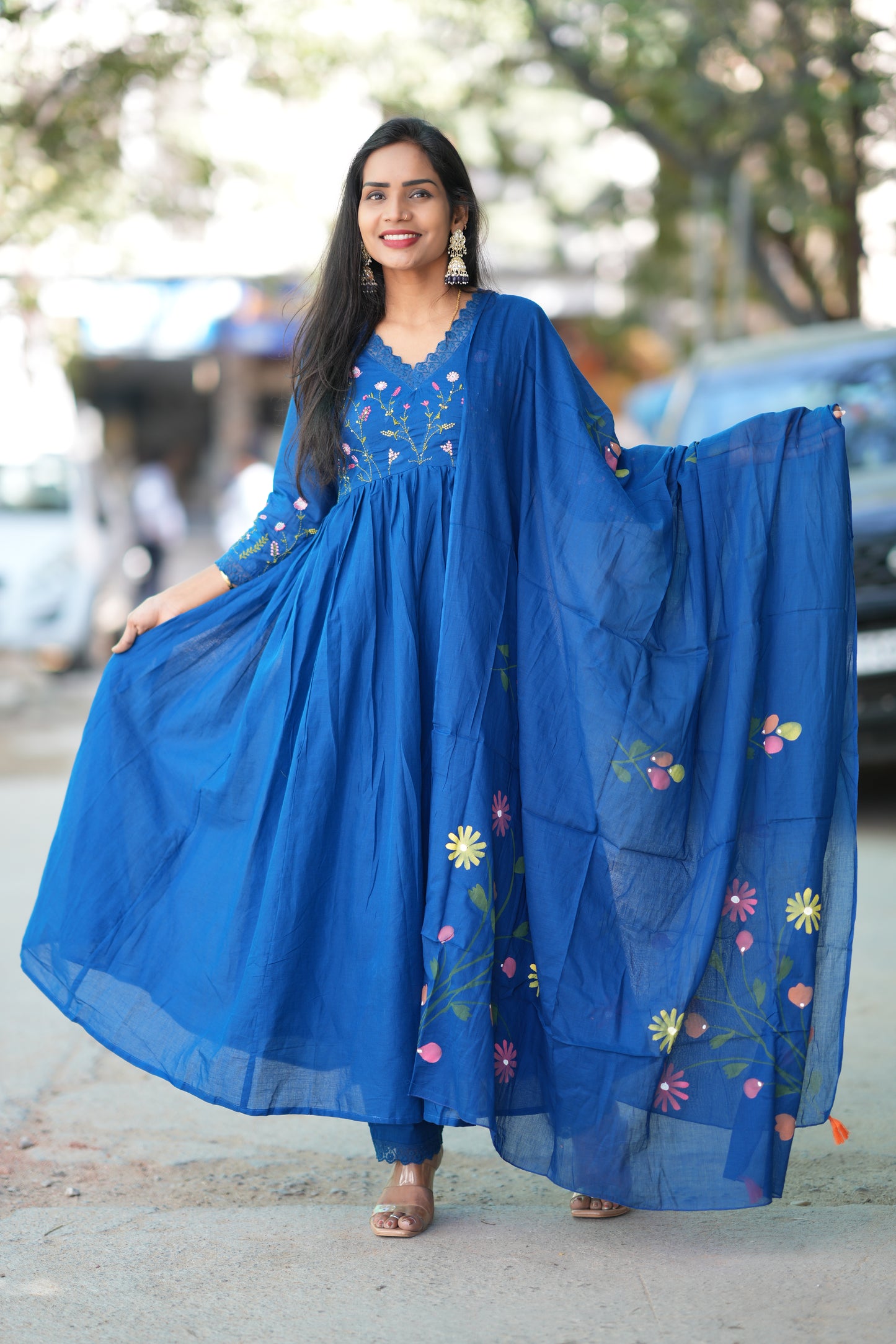 Blue Colour Mul Cotton anarkali 3 Piece Set With Complete Lining