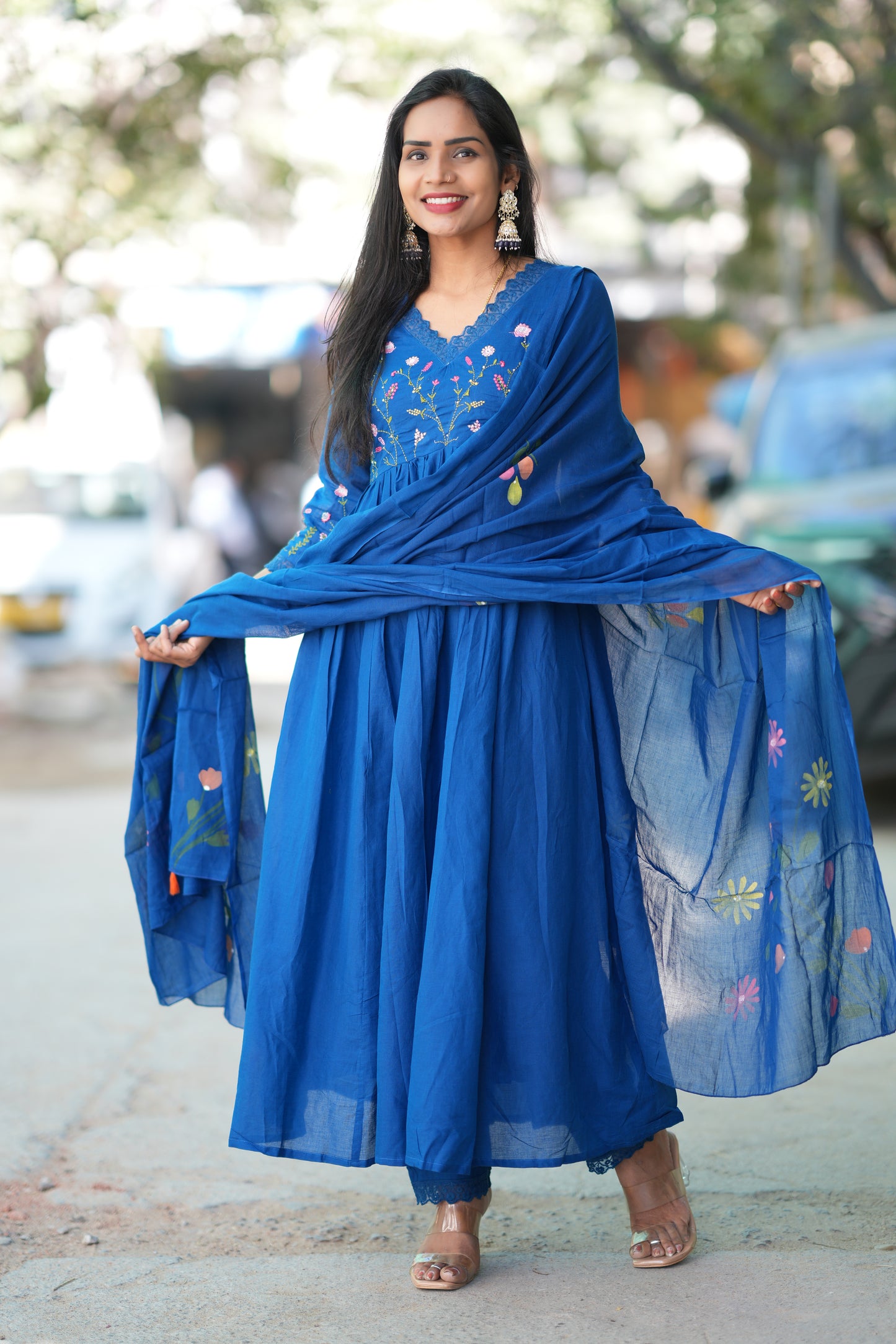 Blue Colour Mul Cotton anarkali 3 Piece Set With Complete Lining