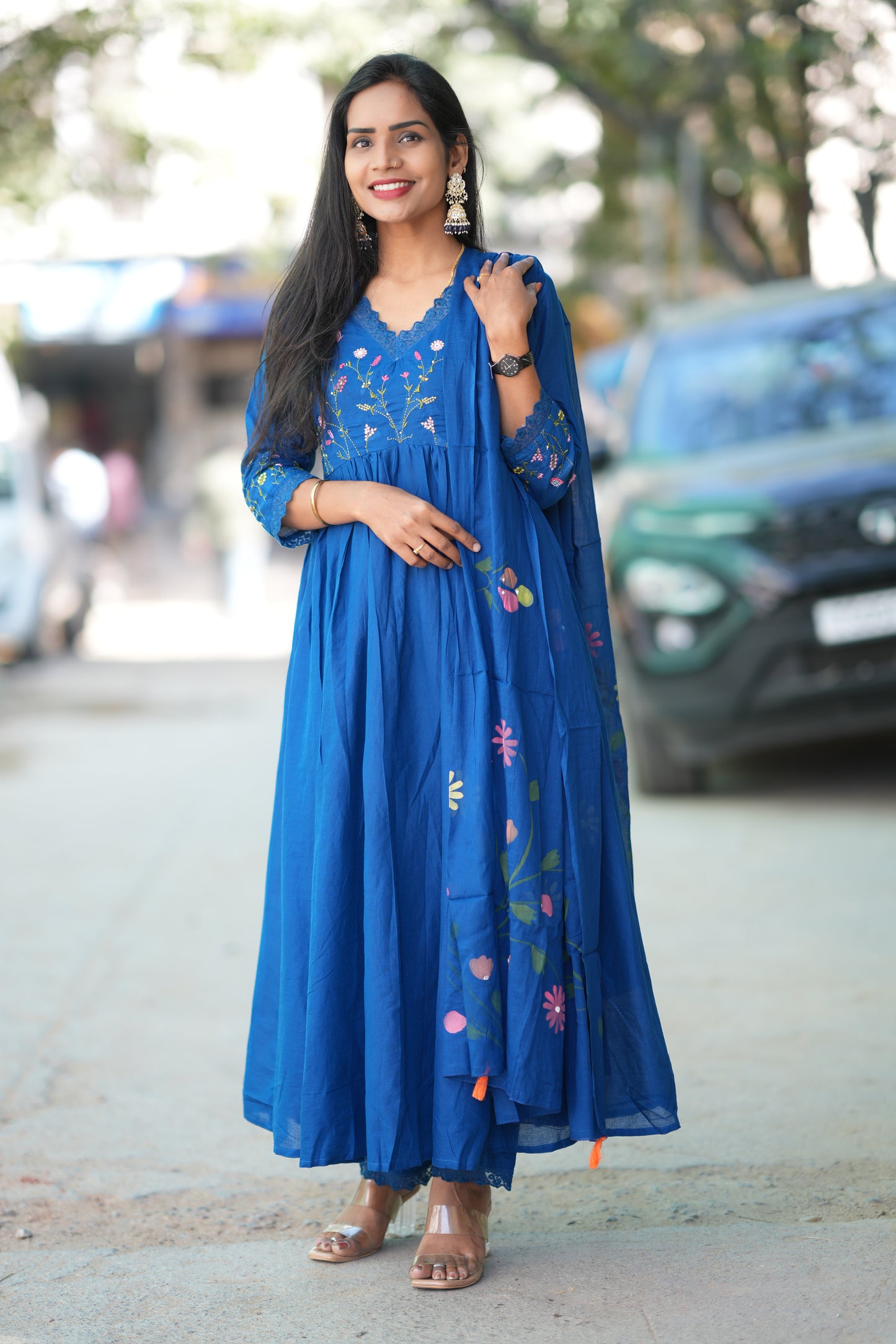 Blue Colour Mul Cotton anarkali 3 Piece Set With Complete Lining