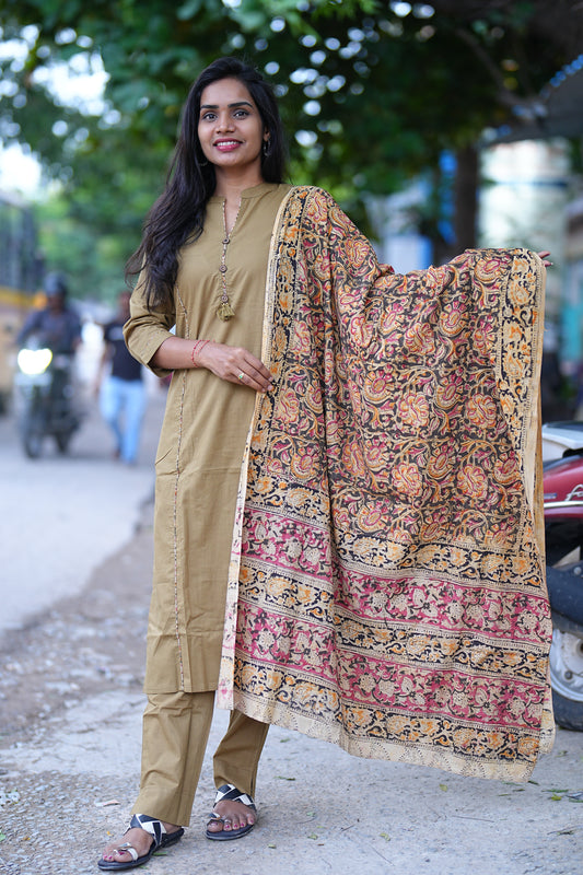 Beige Color Pure Jaipur Cotton Collar Neck With Kalamkari Piping & Dupatta